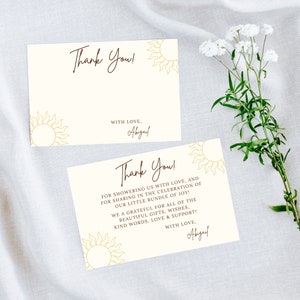 Aquí viene el sol Baby Shower Tarjetas de agradecimiento, Plantilla de baby shower Sunshine, Sun Sprinkle, Aquí viene el hijo, Tarjeta de baby shower Boho