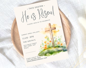 He is Risen Easter Invitation, Religious Easter Invite, Invitation to Easter Church Service, Brunch, Easter Sunday Invites, Egg Hunt, Cross