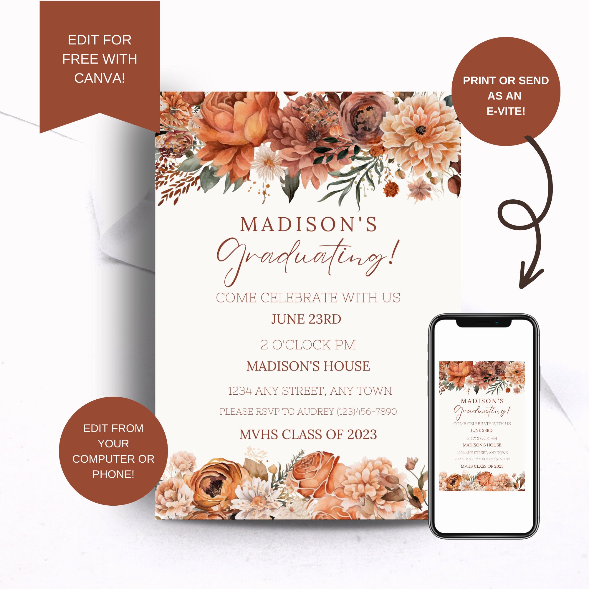 Grade R Invitation Card Grad Party Invites for Girls, 5th Grade Graduation Party Invite, Rustic ...