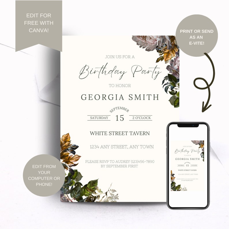 Birthday Invitation Text for Adults, Adult Birthday Party Invitation, Floral Party Invite
