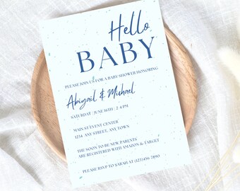 Invitación simple al baby shower, invitación azul de Hello Baby, es un baby shower para niños, invitaciones para baby shower de parejas, invitación para bebés de papá y mamá
