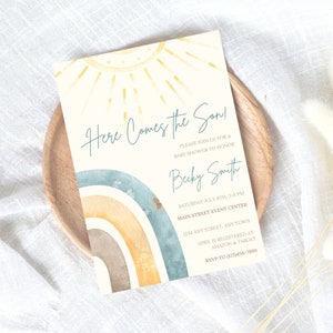 Here Comes the Sun Baby Shower Invite, Sunshine Template, Sun Sprinkle, Here Comes the Son, Boho Baby Invites, Budget Shower Invitations