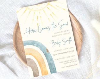 Here Comes the Sun Baby Shower Invite, Sunshine Template, Sun Sprinkle, Here Comes the Son, Boho Baby Invites, Budget Shower Invitations