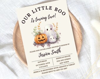 Onze kleine Boo verjaardagsuitnodiging, Boo Turning Two, Fall Bday Party, Spooky uitnodigingen, pompoen, Ghost nodigt, Halloween verjaardag, tweede
