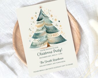 May include: A Christmas party invitation with a watercolor illustration of a blue and gold Christmas tree. The text reads "You're invited to our Christmas Party! December 21st, 2023 | 4 - 8 PM The Smith Residence 1234 Any Street, Any Town 01234 Please bring a $10 white elephant gift to share."
