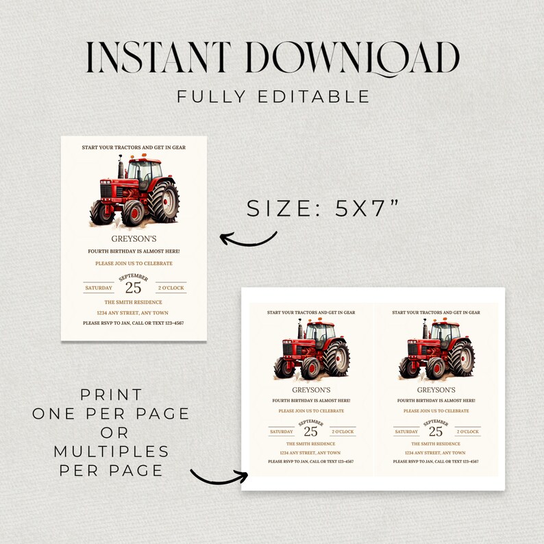 Puede incluir: Plantilla de invitaci&oacute;n de cumplea&ntilde;os de tractor imprimible de 12,7 x 17,8 cm. La invitaci&oacute;n presenta un tractor rojo con efecto acuarela y el texto "&iexcl;Arranquen sus tractores y p&oacute;nganse en marcha! &iexcl;El cuarto cumplea&ntilde;os de Greyson est&aacute; casi aqu&iacute;! &iexcl;&Uacute;nase a nosotros para celebrarlo! S&aacute;bado 25 de septiembre, 14:00. La residencia Smith, 1234 Any Street, Any Town. Por favor, confirme su asistencia a Jan, llamando o enviando un mensaje de texto al 123-4567."
