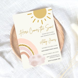 Here Comes the Sun Baby Shower Invite, Sunshine Baby Shower Invitations Template, Sun Sprinkle, You Are My Sunshine, Boho Baby Shower Invite