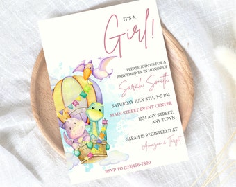 Dinosaur Baby Shower Invite, Dinosaur Baby Shower Invitation Girl, Baby Dino Invite, Baby Sprinkle, Printable Canva Template, It's A Girl