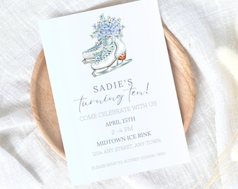 May include: A blue and white birthday invitation with a watercolor illustration of ice skates and flowers. The text reads "Sadie's Turning Ten! Come Celebrate With Us April 15th 2-4 PM Midtown Ice Rink 1234 Any Street, Any Town Please RSVP to Audrey (123)456-7890"