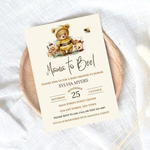 Bumble Bee Baby Shower Theme Einladungsvorlage, Teddybär Baby Sprinkle, Teddybären lädt ein, Wildblumen Babyparty, Mama to Bee Invite