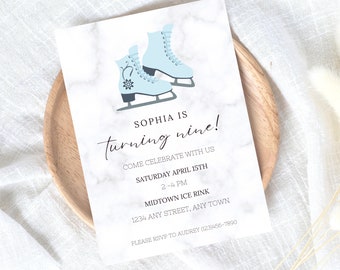 May include: A blue and white ice skate birthday party invitation with a marble background. The invitation says "Sophia is turning nine!" and includes the date, time, and location of the party.