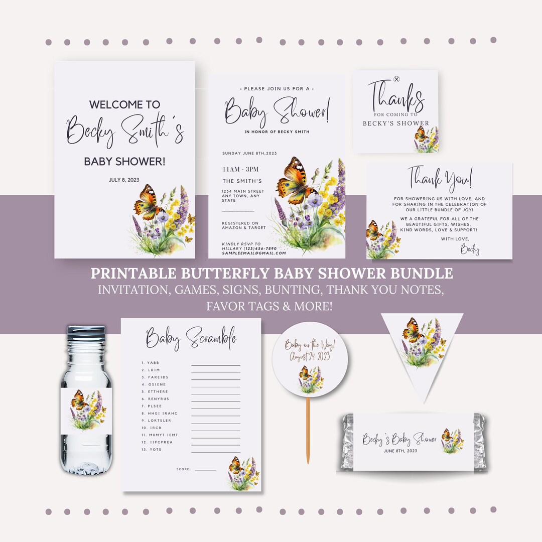 Butterfly Baby Shower Invitation Bundle, Butterfly Baby Shower ...