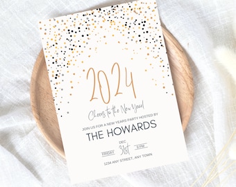 Peut inclure: Une invitation à une fête du Nouvel An de couleur blanche avec des confettis dorés et le texte "2024 Cheers to the New Year!"  Rejoignez-nous pour une fête du Nouvel An organisée par The Howards. Vendredi 31 décembre, 21h. 1234 Any Street, Any Town.