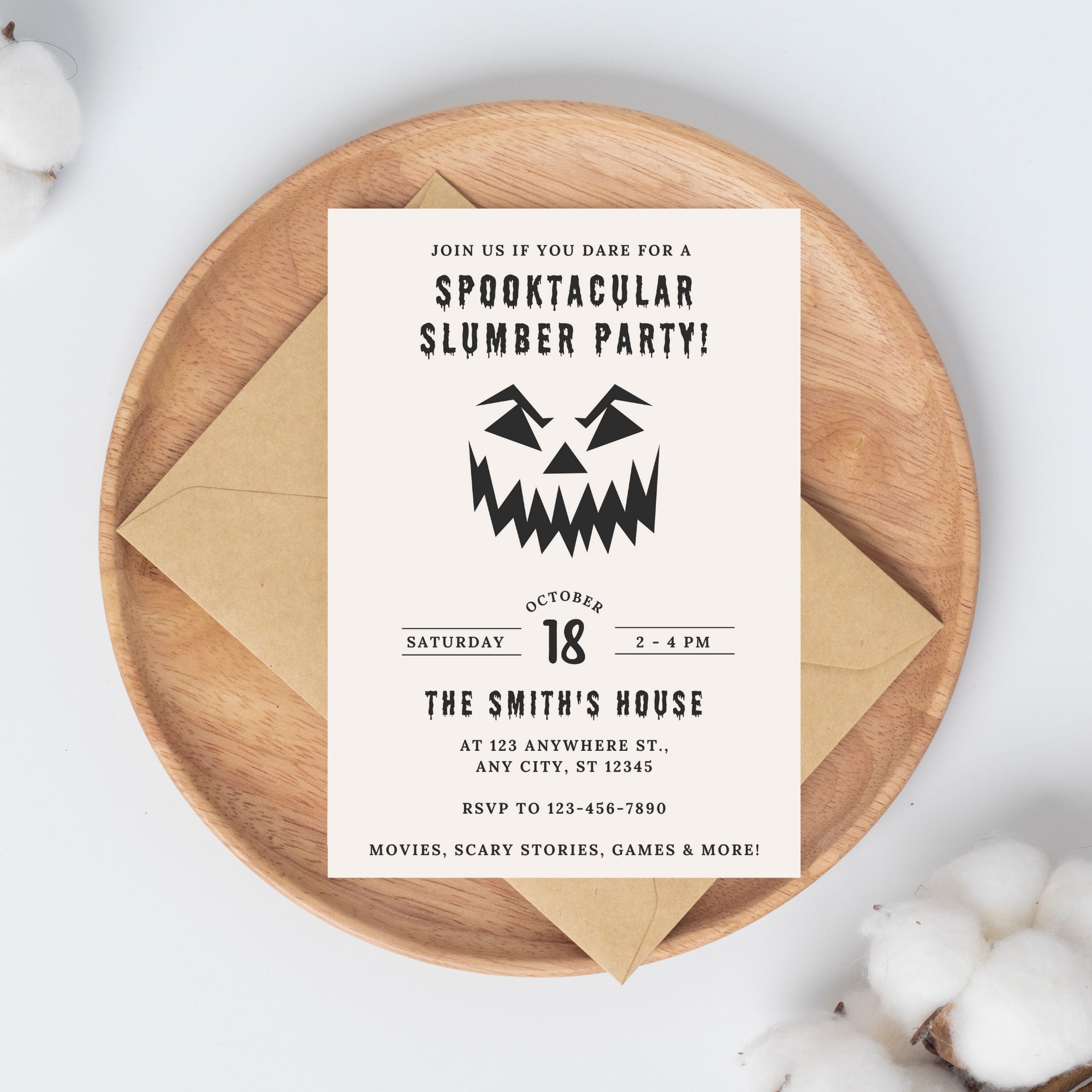 Halloween Slumber Party Invitation, Minimal Halloween Invite, Jacko