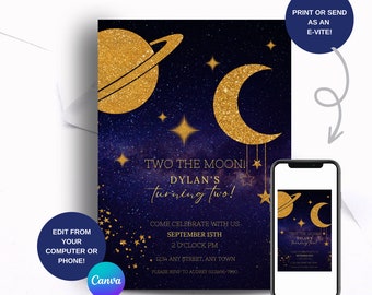 Outer Space Second Birthday Invitation, Two the Moon, Canva template, Printable, DIY, Astronaut Party, galaxy birthday, Editable