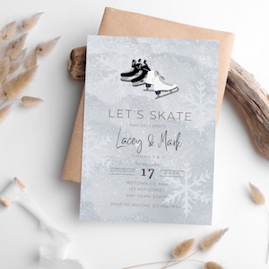 Puede incluir: Una invitación azul y blanca con un diseño de copo de nieve. La invitación dice "Let's Skate and Celebrate... Lacey & Mark Turning 9 & 11! February 17 2-4 PM Midtown Ice Rink 123 Any Street Any Town, State RSVP to Anyone 123-456-7890".