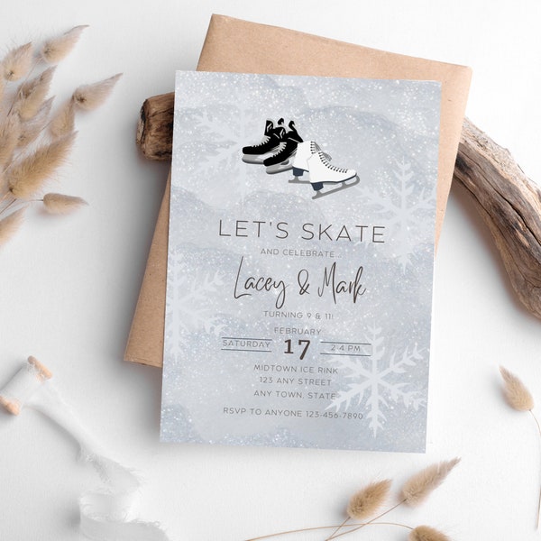 Skating Party, Joint Birthday Invitation for Girls & Boys, Printable, Editable, Canva Template, Ice Skating Bday, Sibling party, Dual Invite