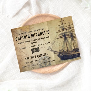 Pirate Theme Birthday Party Invitation, Pirate Ship Invite, Rustic Vintage Map Invitations, Boys 8th Birthday, Skull and Crossbones Template