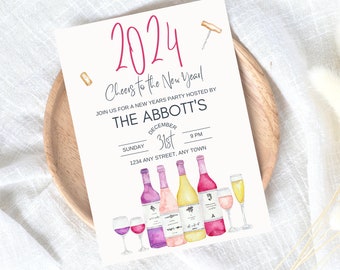 May include: A New Year's Eve party invitation with a watercolor illustration of wine bottles and glasses. The invitation is for a party hosted by The Abbott's on December 31st at 9 PM. The address is 1234 Any Street, Any Town.
