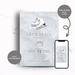 EDITABLE Birthday Invitation Ice Skating, Canva Template, Let&#39;s Skate