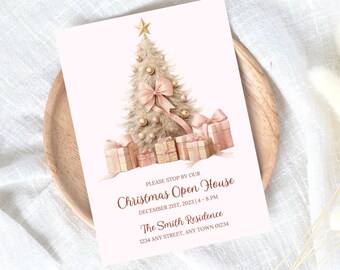 May include: A pink and gold Christmas open house invitation with a watercolor illustration of a decorated Christmas tree and presents. The text reads "Please stop by our Christmas Open House December 21st, 2023 | 4-8 PM The Smith Residence 1234 Any Street, Any Town 01234"