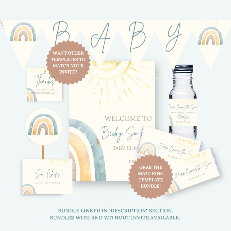 May include: A set of printable baby shower decorations featuring a rainbow and sun design. The set includes a welcome sign, favour tags, a banner, and a thank you card. The colours are blue, yellow, and brown.