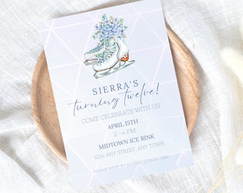 May include: A blue and white invitation for a birthday party. The invitation features a watercolor illustration of ice skates with a bouquet of blue flowers. The text reads "Sierra's turning twelve! Come celebrate with us. April 15th, 2-4 PM. Midtown Ice Rink, 1234 Any Street, Any Town. Please RSVP to Audrey (123)456-7890."
