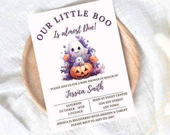May include: A white and purple baby shower invitation with a cartoon ghost and pumpkin. The invitation says "Our Little Boo is almost due!" and includes the date, time, and location of the shower. It also includes the name of the guest of honor, Jessica Smith, and the RSVP information.