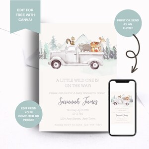 Woodland Creatures Baby Shower Invite, Gender Neutre Truck Animals Baby Shower Invitation, Modifiable, Modèle Canva, Imprimable, Forêt