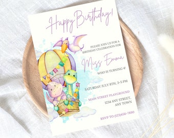 Convite de aniversário de dinossauro para meninas, convite de festa de aniversário com tema Dino, convite de aniversário de 4 anos para meninas, convites de dinossauro de 4 anos, Canva