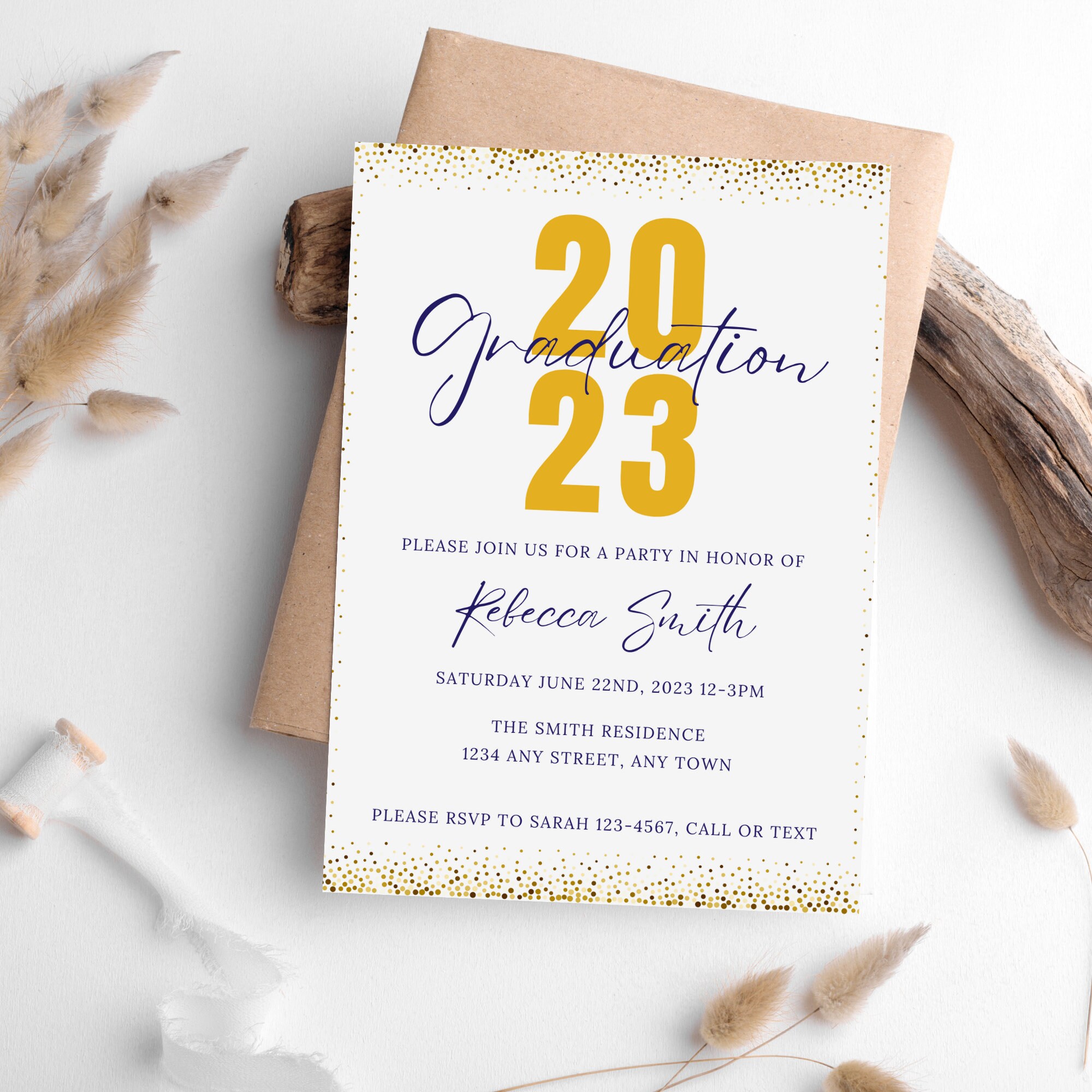 Navy and Gold Graduation Invitations, Grad Party Invites for Girls, Hs