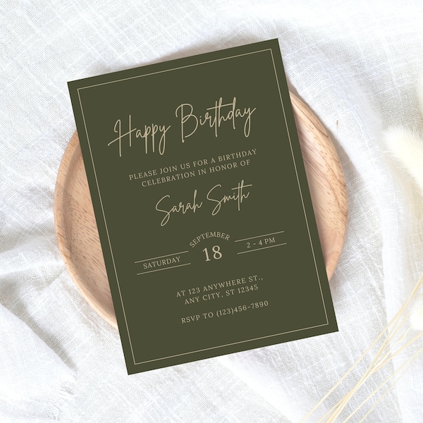 Solid Color Birthday Invitations, Simple Bday Invites, Hunter Green, Minimalistic Template, Canva, Invite, Woman, Man, Teen, Sophisticated