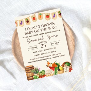 Locally Grown Baby Shower Invitation, Locally Grown Baby Invite Template, Farmers Marker Baby Invites, Fruits and Veggies Shower, Canva