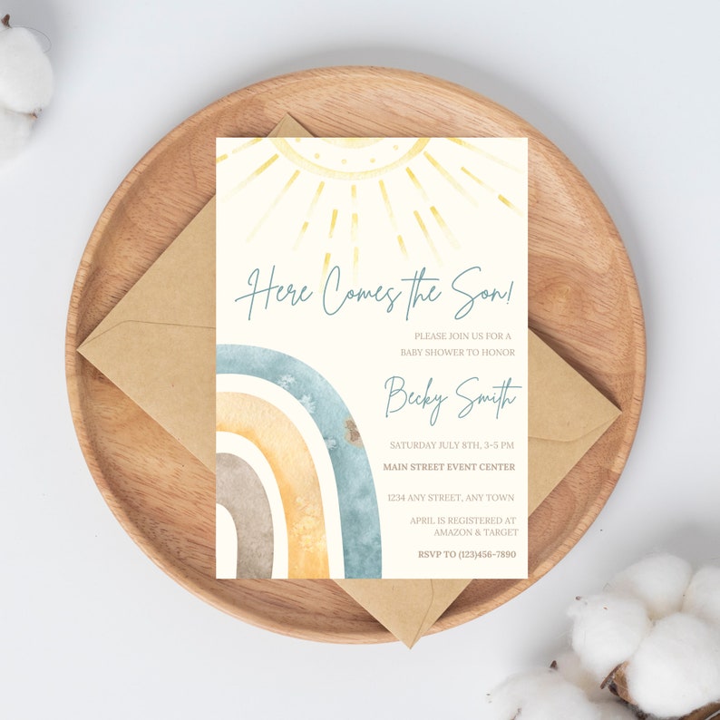 May include: A baby shower invitation featuring a watercolour rainbow and sun design. The text reads "Here Comes the Son!" and includes the name "Becky Smith", the date and time of the shower, and the location. RSVP information is also provided.