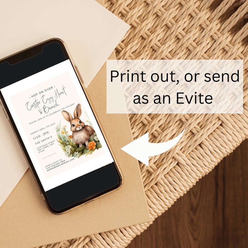 May include: A digital invitation on a smartphone screen for an Easter egg hunt and brunch. The invitation features a watercolor illustration of a brown bunny rabbit with a white tail sitting in a field of flowers. The text on the invitation reads "Hop on over. Easter Egg Hunt & Brunch. Please join us to celebrate the holiday. Sunday April 2nd 11AM - 3PM The Smith's 1234 Main Street Any Town, Any State"