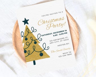 May include: A Christmas party invitation with a gold and blue illustrated Christmas tree. The invitation includes the text "You're invited to a Christmas Party!" and details about the party, including the date, time, location, and RSVP information.