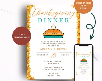 Könnte beinhalten: Einladung zum Thanksgiving-Dinner mit einem festlichen Herbstlaubrand. Die Einladung zeigt eine Grafik einer Torte und den Text "Thanksgiving Dinner" in einer goldenen und weißen Schrift. Die Einladung enthält das Datum, die Uhrzeit und den Ort des Dinners sowie eine Bitte an die Gäste, ein Beilagengericht zum Teilen mitzubringen. Die Einladung enthält auch eine Telefonnummer für RSVP.