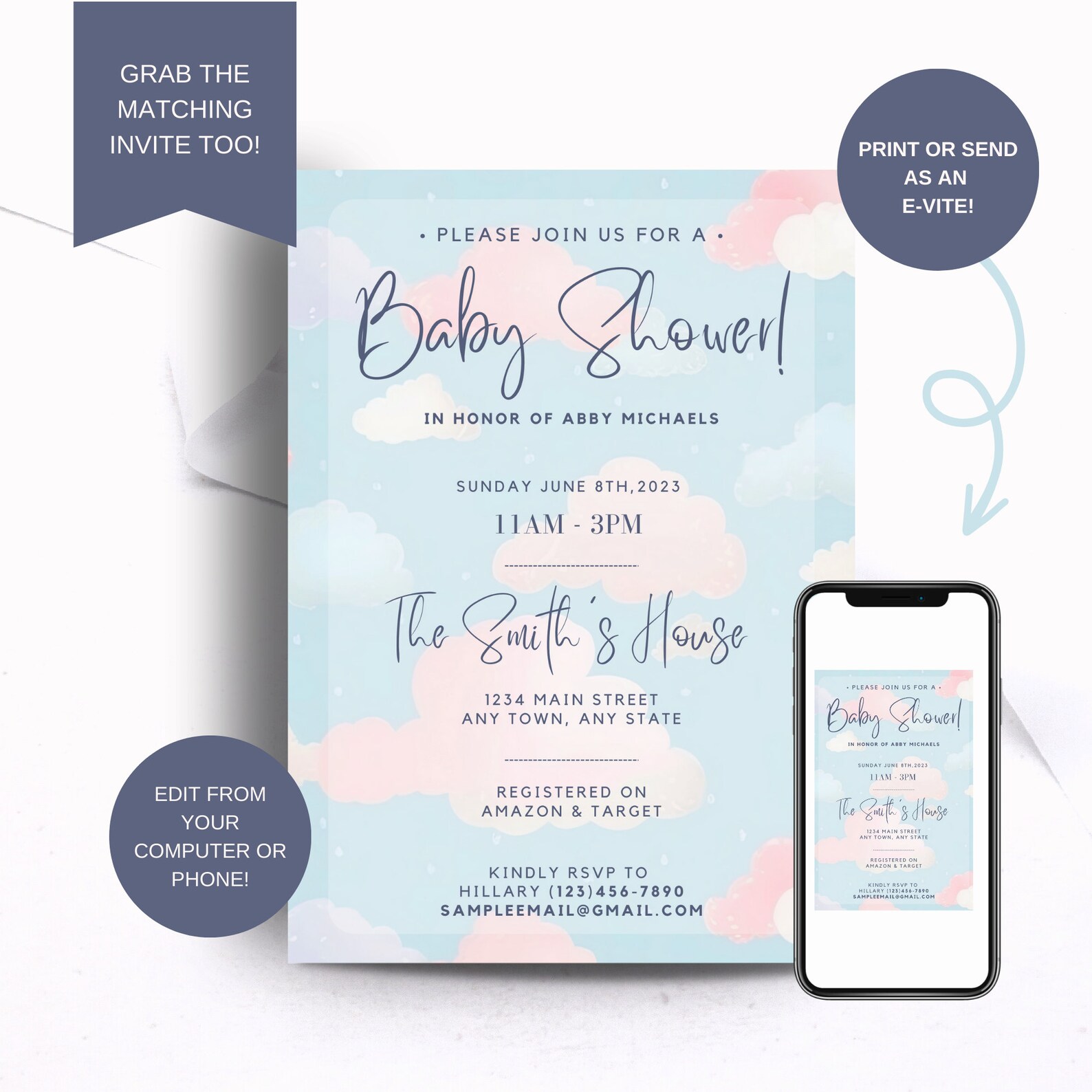 Pastel Baby Shower Invitation Clouds Baby Shower Invite - Etsy