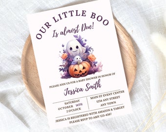 May include: A baby shower invitation featuring a purple and white ghost and pumpkin illustration. The text reads "Our Little Boo Is almost Due!" and includes the date, time, and location of the event. The invitation also includes the name "Jessica Smith" and the RSVP information.