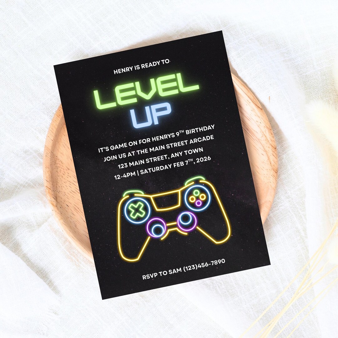 Controller Invites Gaming Birthday Invitation Boys, Gamer Invites, Arcade Bday Party, Neon ...