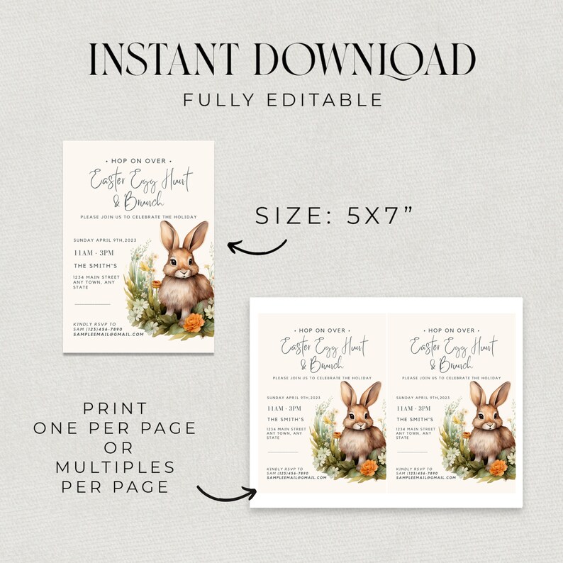 May include: Printable 5x7 inch invitation for an Easter egg hunt and brunch. The invitation features a watercolor illustration of a brown bunny rabbit surrounded by flowers and a text overlay that says "Hop on over. Easter Egg Hunt & Brunch".