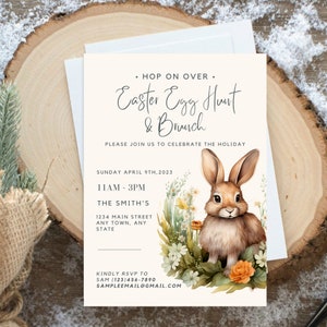 May include: An invitation to an Easter Egg Hunt and Brunch. The invitation features a cartoon bunny rabbit surrounded by flowers and a text overlay that reads "Hop on over. Easter Egg Hunt & Brunch. Please join us to celebrate the holiday. Sunday April 9th, 2023. 11AM-3PM. The Smith's. 1234 Main Street. Any Town, Any State. Kindly RSVP to Sam (123)456-7890. Sampleemail@gmail.com"