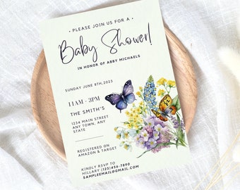 Invitation Templates Baby Shower Butterfly, Butterfly Baby Shower Invitation, Butterfly Baby Sprinkle, Spring Baby Shower Invite, Earth Tone