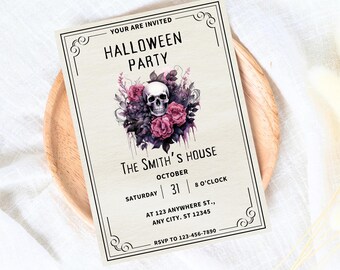May include: A Halloween party invitation with a skull and roses illustration. The text reads "Your are invited Halloween Party The Smith's House October 31 8 O'Clock At 123 Anywhere St., Any City. St 12345 RSVP to 123-456-7890"