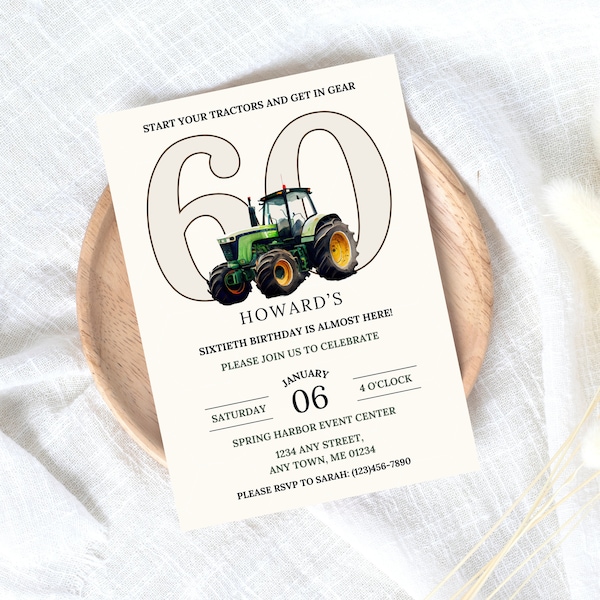 Tractor Sixtieth Birthday Party Invite, Tractor Invites Canva, Farm Theme, Mens Invitations Farmer, Mens Farm Bday, Green Tractor, 60th