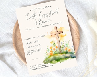 Easter Egg Hunt Invitation Template, Instant Download, Canva, Editable Easter egg Invite, Religious Easter Invite, Cross Invitation, Text