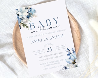 Baby Shower Invitation Baby in Bloom, Blue Flowers, Simple Baby Invite Templates, Digital Text Baby Sprinkle Invites, Gender Neutral, Floral