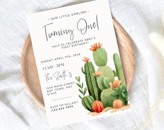 May include: A cactus-themed first birthday party invitation with the text "Turning One!" and details for the party, including the date, time, and location. The invitation features a watercolor illustration of a cactus garden with green, orange, and brown colors.