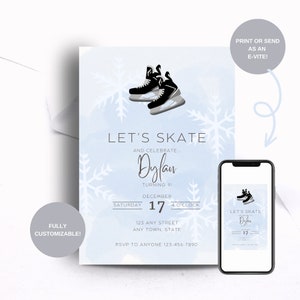 EDITABLE Birthday Invitation Ice Skating, Canva Template, Hockey Skates