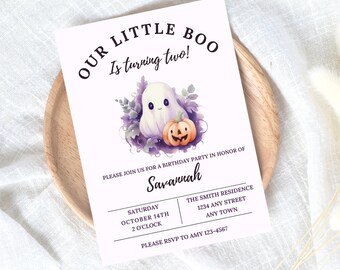 Onze kleine Boo draait twee verjaardagsuitnodiging, herfst Bday Party, griezelige uitnodigingen, pompoen, Ghost nodigt, Halloween verjaardag, herfst